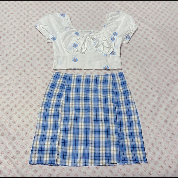 blue floral summer plaid skirt set